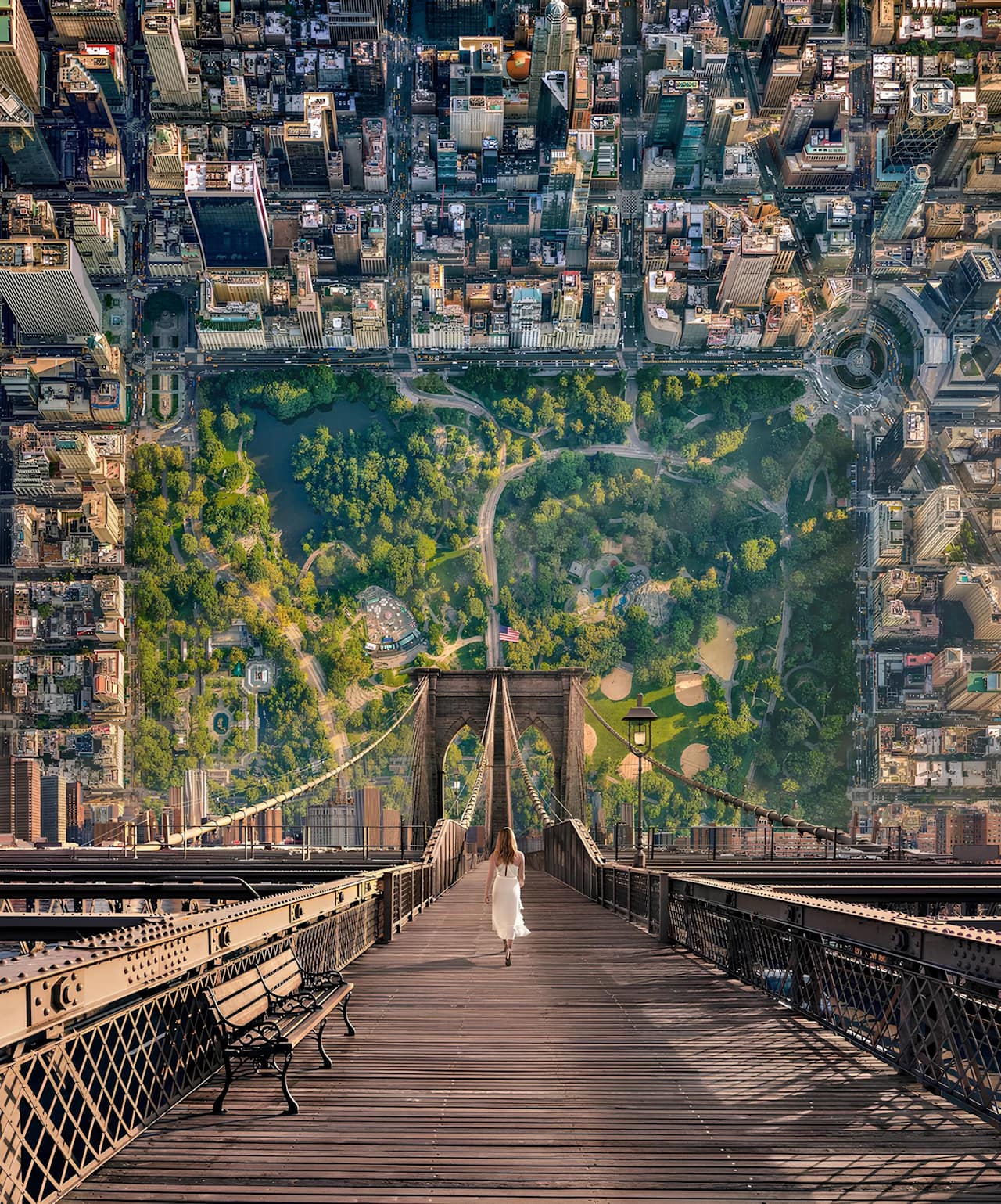 Electric Art Dreamscapes: woman crossing Brooklyn Bridge toward a surreal aerial view of Central Park and Manhattan