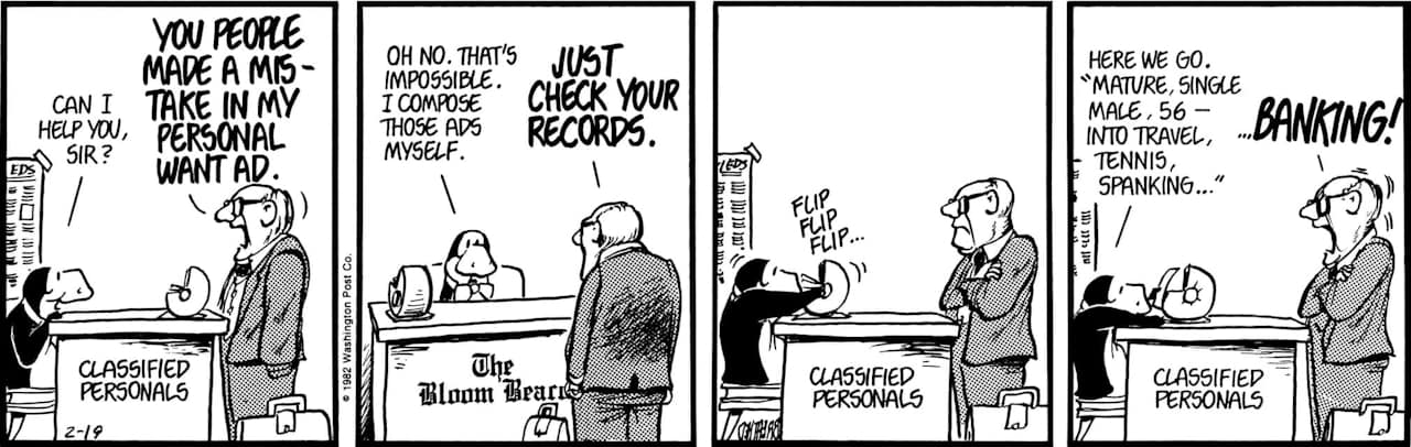 Friday Funnies Bloom County comic shows a man checking a personal ad after spotting an amusing typo.