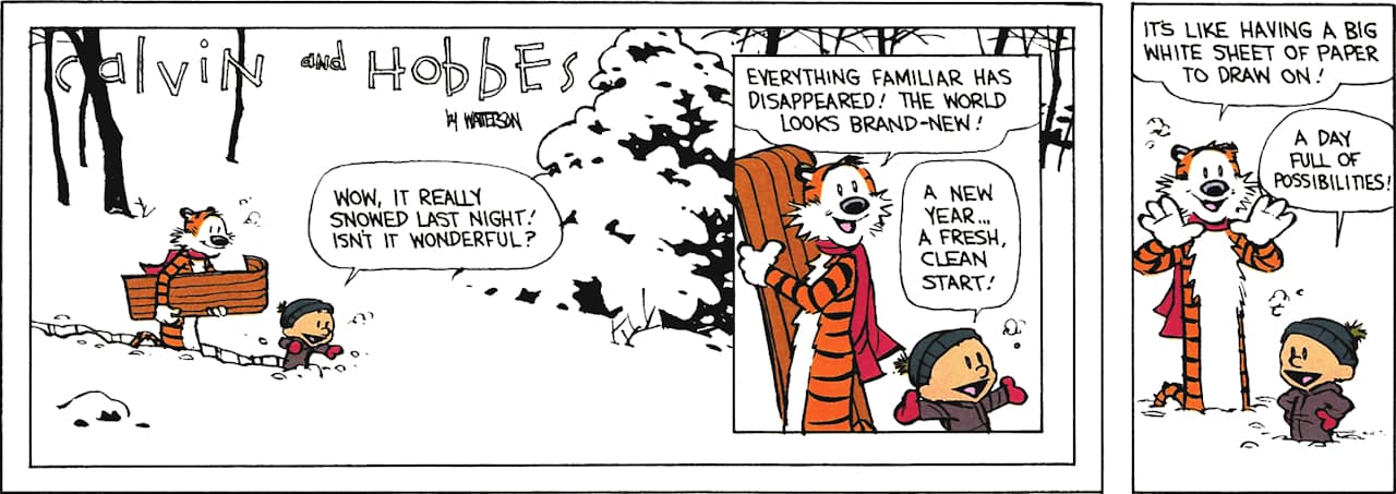 Calvin and Hobbes play in freshly fallen snow and celebrate a new world of possibilities.