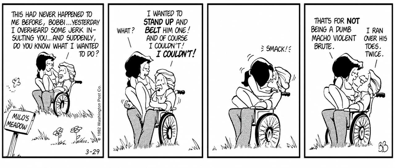 Bloom County Friday Funnies comic of a woman kissing a man in a wheelchair after he defends her in an unexpected way.