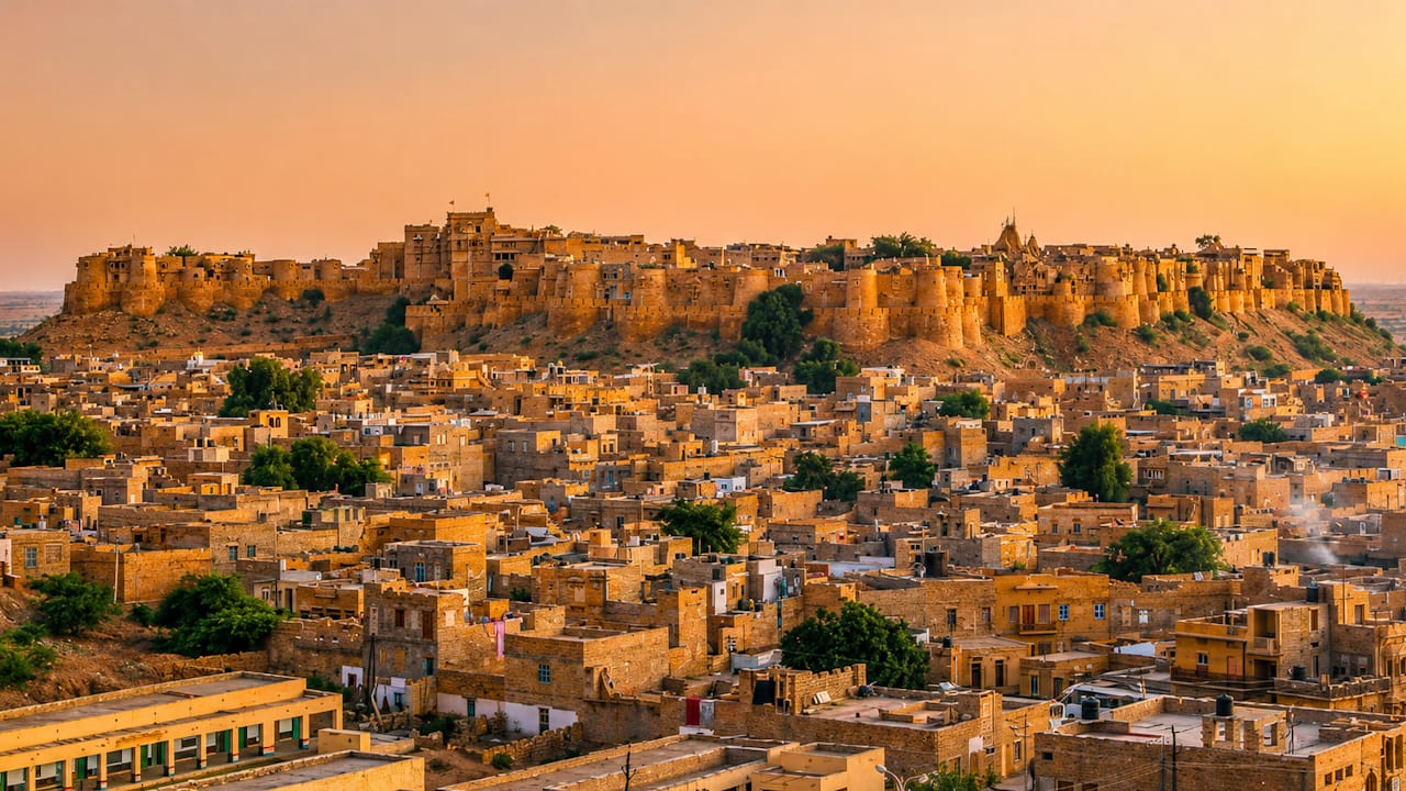 Jaisalmer Fort overlooking the historic Golden City during golden hour in Jaisalmer, Rajasthan, India.