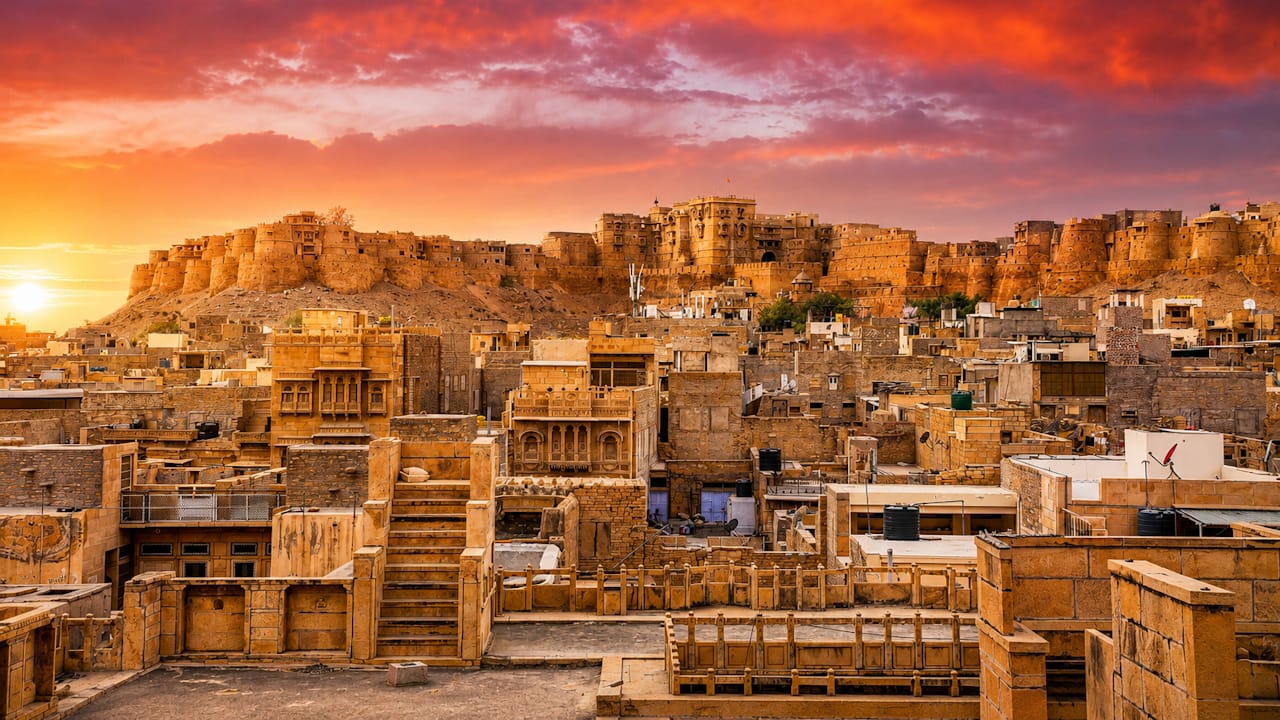 Panoramic view of Jaisalmer Fort overlooking the Golden City at sunset in Jaisalmer, Rajasthan, India.