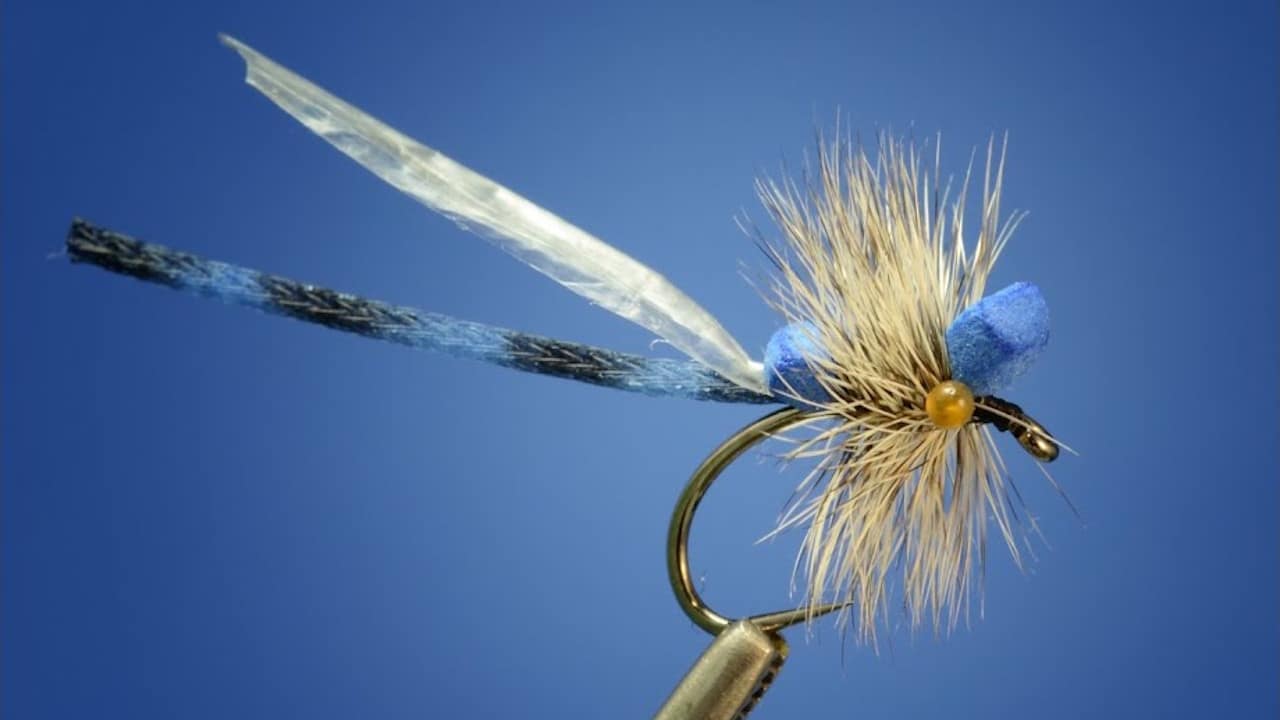A blue and black damselfly dry fly pattern is displayed, held by a fly tying vice against a neutral background.