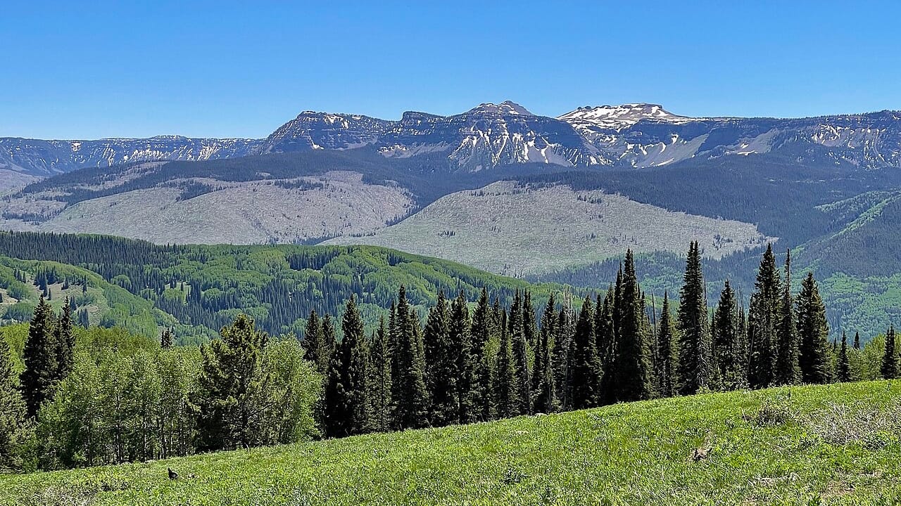 Majestic mountains of Flat Tops Wilderness viewed from a grassy hill at Ripple Creek Overlook.