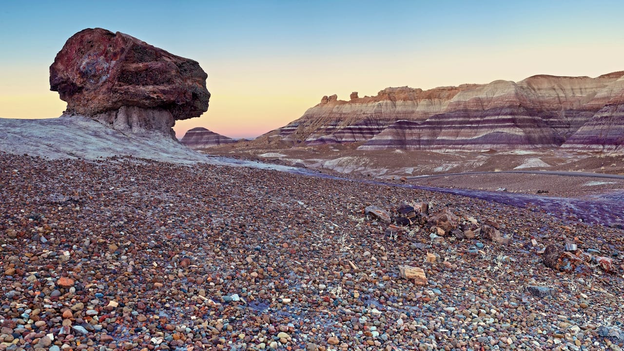 Early morning picture of the striped Blue Mesa hills in Petrified Forest National Park Arizona.