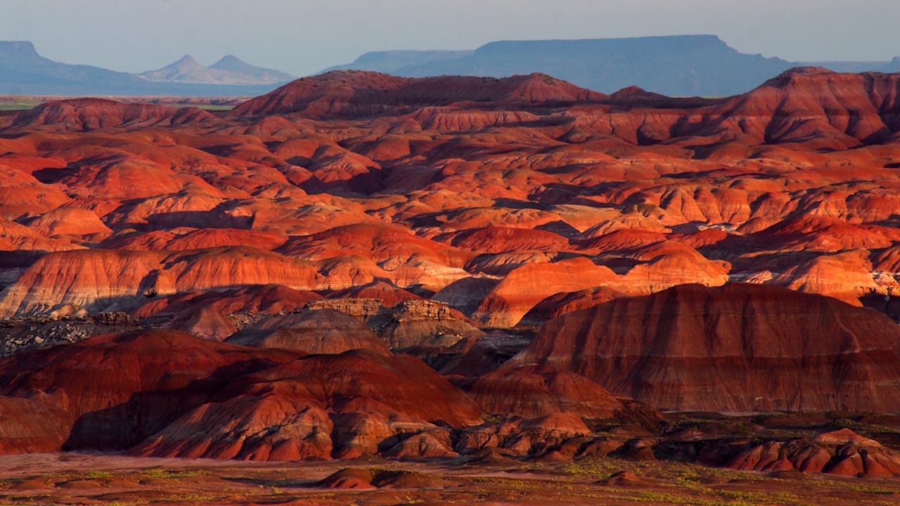 Beautiful red and orange hills in Petrified Forest National Wilderness Area which is north of Petrified Forest National Park Arizona.