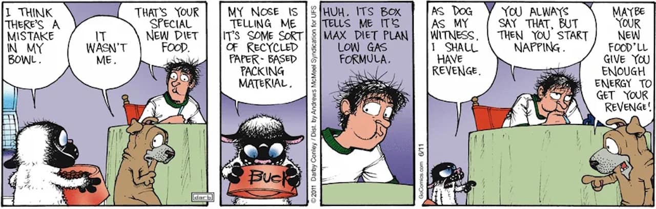 Friday Funnies Volume 3 Get Fuzzy. The comic shows Bucky looking into his food bowl with a disgusted look. Rob and Bucky tease him about having to go on a low gas diet.