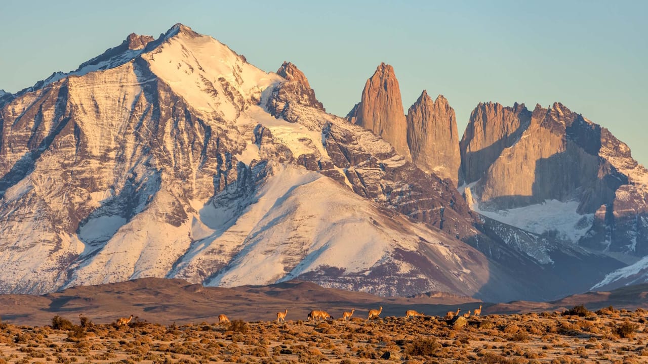 Snow-covered Torres del Paine mountain range with iconic spires and wildlife, showcasing nature's breathtaking beauty.