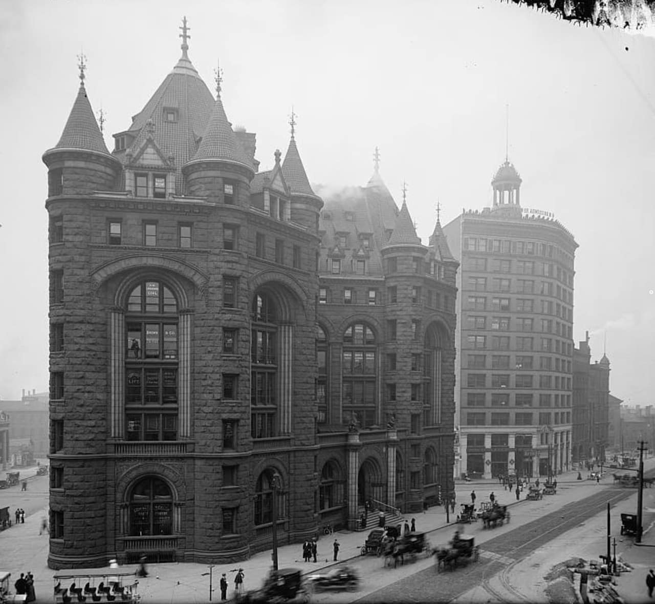 Black and white image of an old building, the Erie County Savings Bank, completed in 1893.