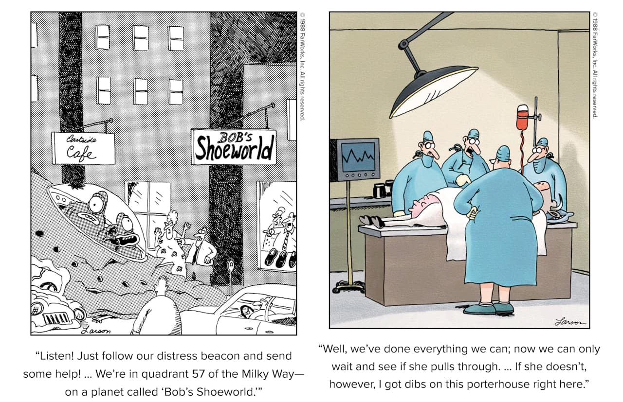 Friday Funnies Volume 4 The Far Side. Two Comics: one show an alien spaceship crash landed in a city street and the other doctors operating on a cow.