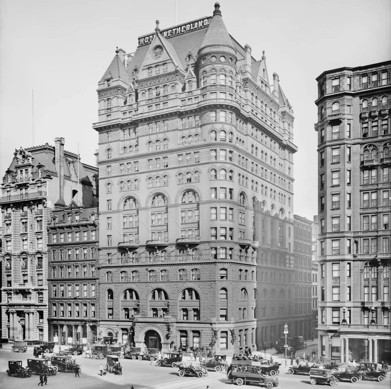 Black and white image showing the Hotel Netherland, completed in 1898.