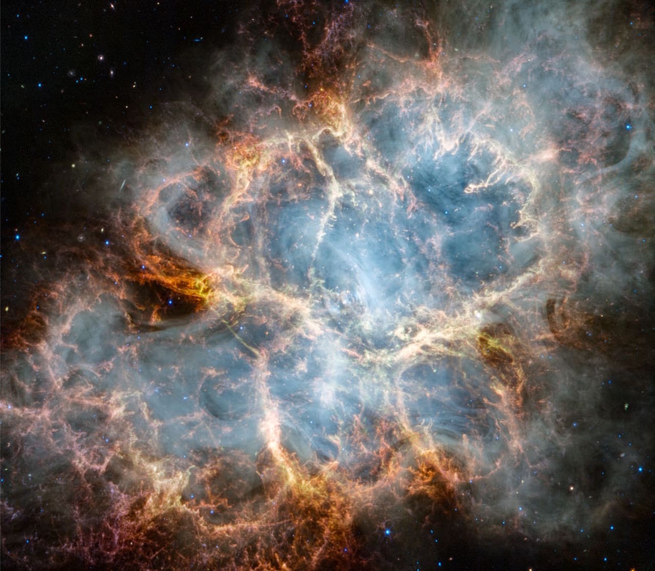 The Crab Nebula, a stunning supernova remnant, features dynamic filaments from a star's death; 6,500 light-years away.