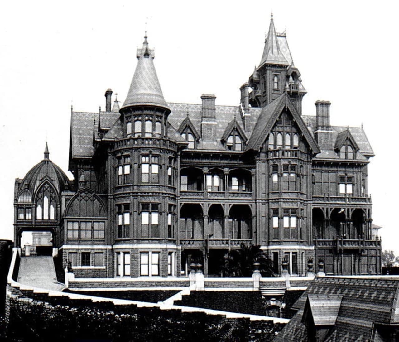 Black and white image showing the Mark Hopkins Mansion, completed in 1883.