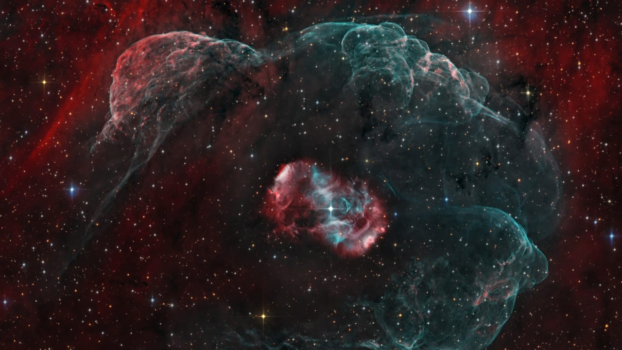 A vibrant nebula, NGC 6164, glows in red and green hues, surrounded by countless stars in the cosmic expanse.