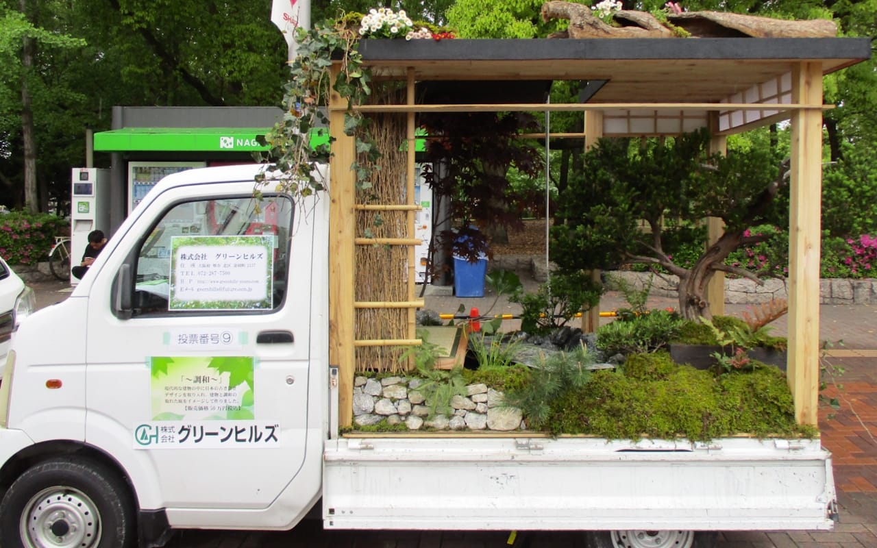 A wooden structure with a roof over a large Bonsai tree with moss at its base.