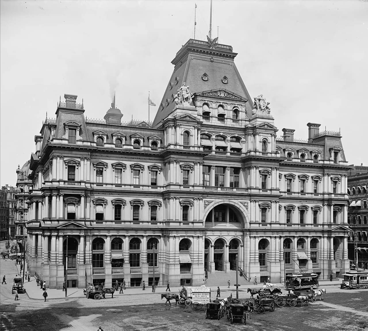 Black and white image showing the US Post Office and Sub-Treasury Building, completed in 1874.