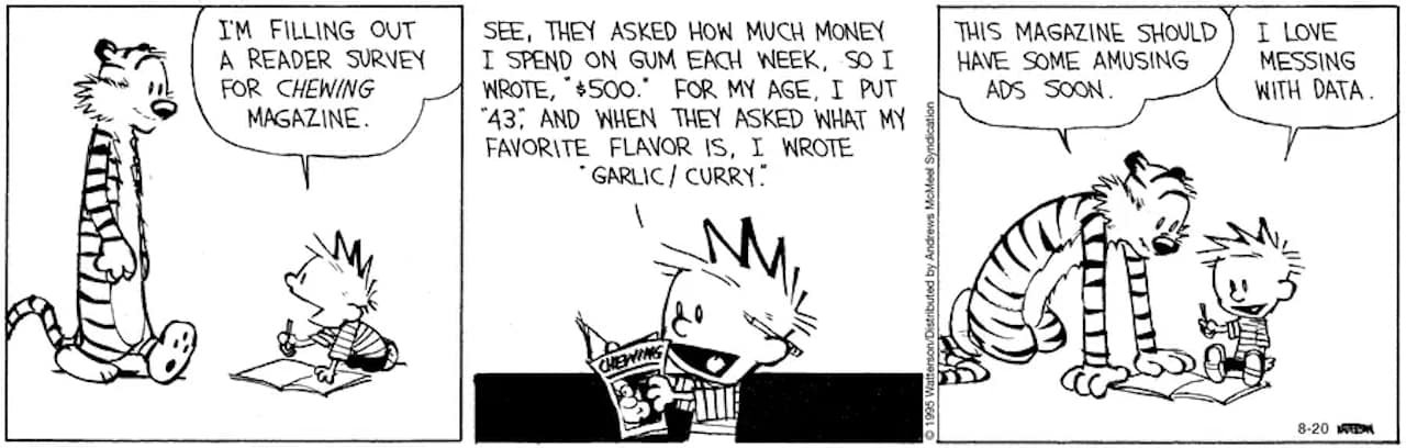 Friday Funnies Volume 5 Calvin and Hobbes. Calvin completes a survey in Chewing Magazine for chewing gum.