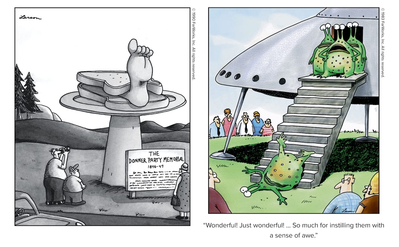 Friday Funnies Volume 5 The Far Side. The Donner Party Memorial showing a foot sandwich.