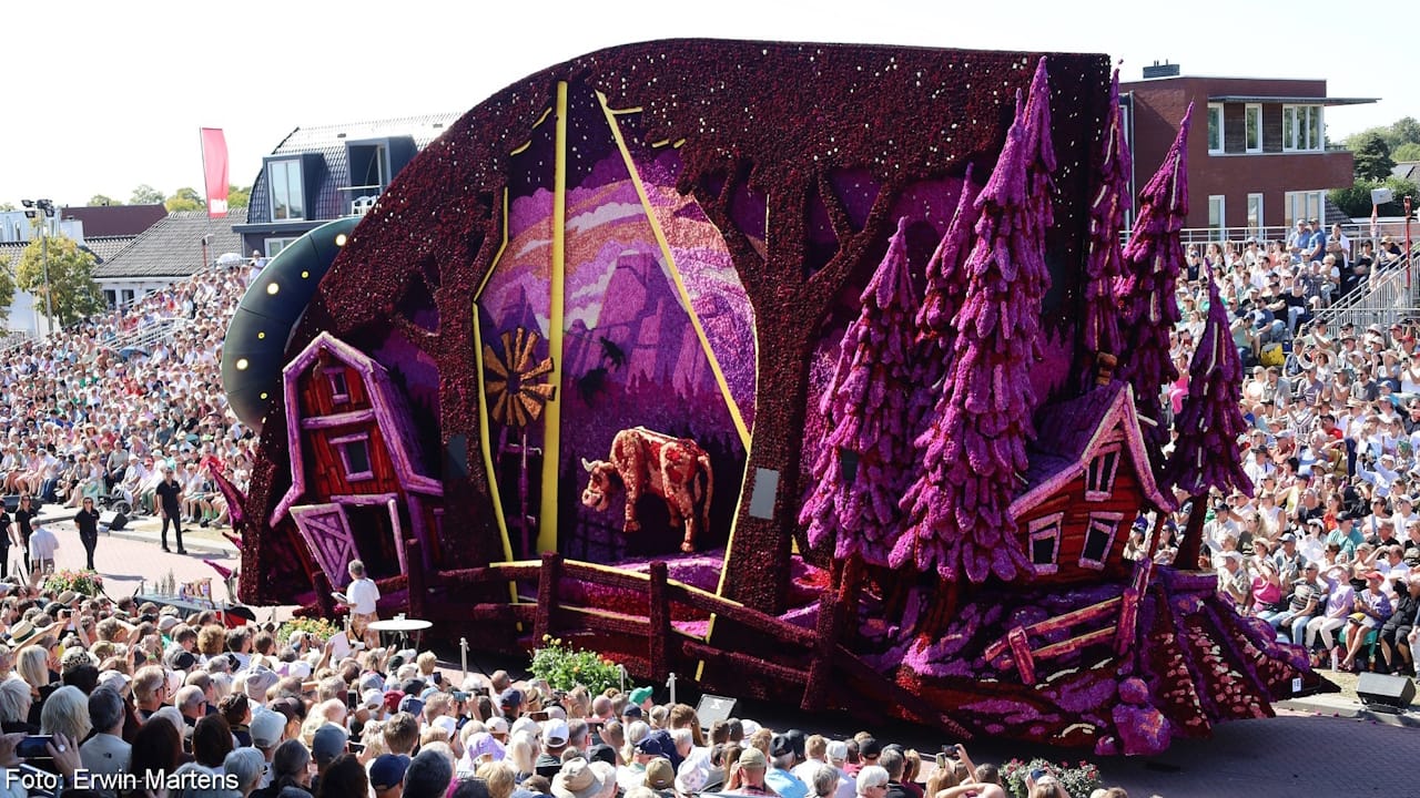 Purple and dark red flower parade float showing a farm and cow in a field and a UFO hovering above.
