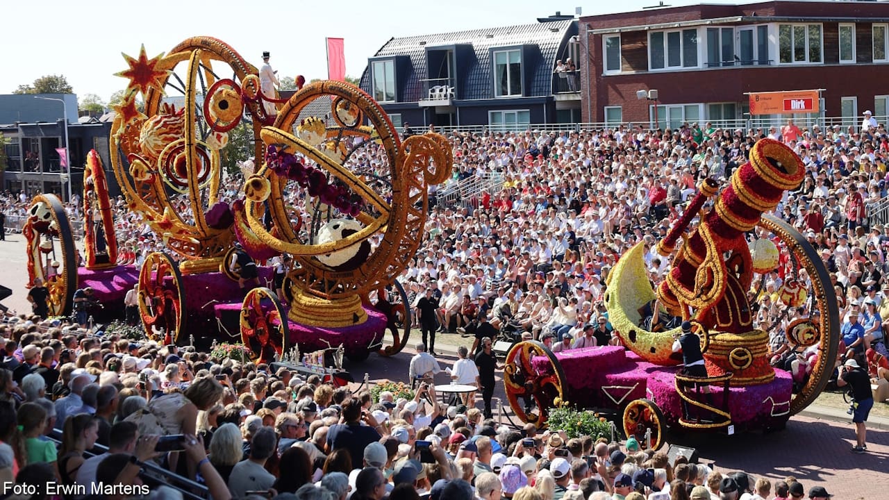 Amazing flower parade float made of purple, yellow and brown Dahlias depicting a telescope and planetarium.