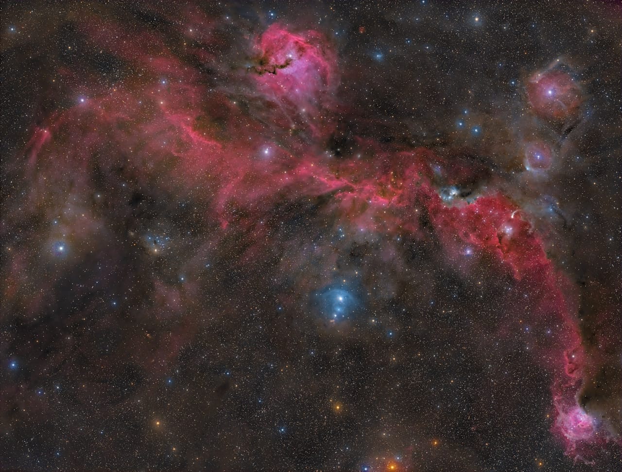 A cosmic portrait of the Seagull Nebula, showcasing glowing gas and dust in a bird-like shape within the Milky Way.