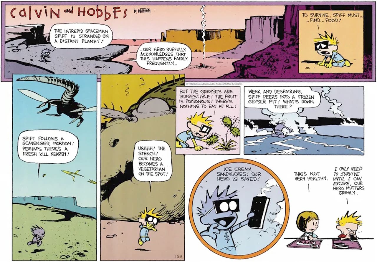 Friday Funnies Volume 6 Calvin and Hobbes. Calvin as Spaceman Spiff who hates the school lunch so he eats only ice cream sandwiches.
