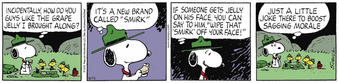 Friday Funnies Volume 6 Peanuts. Snoopy is leading the bird cub scout troop on a camping trip.