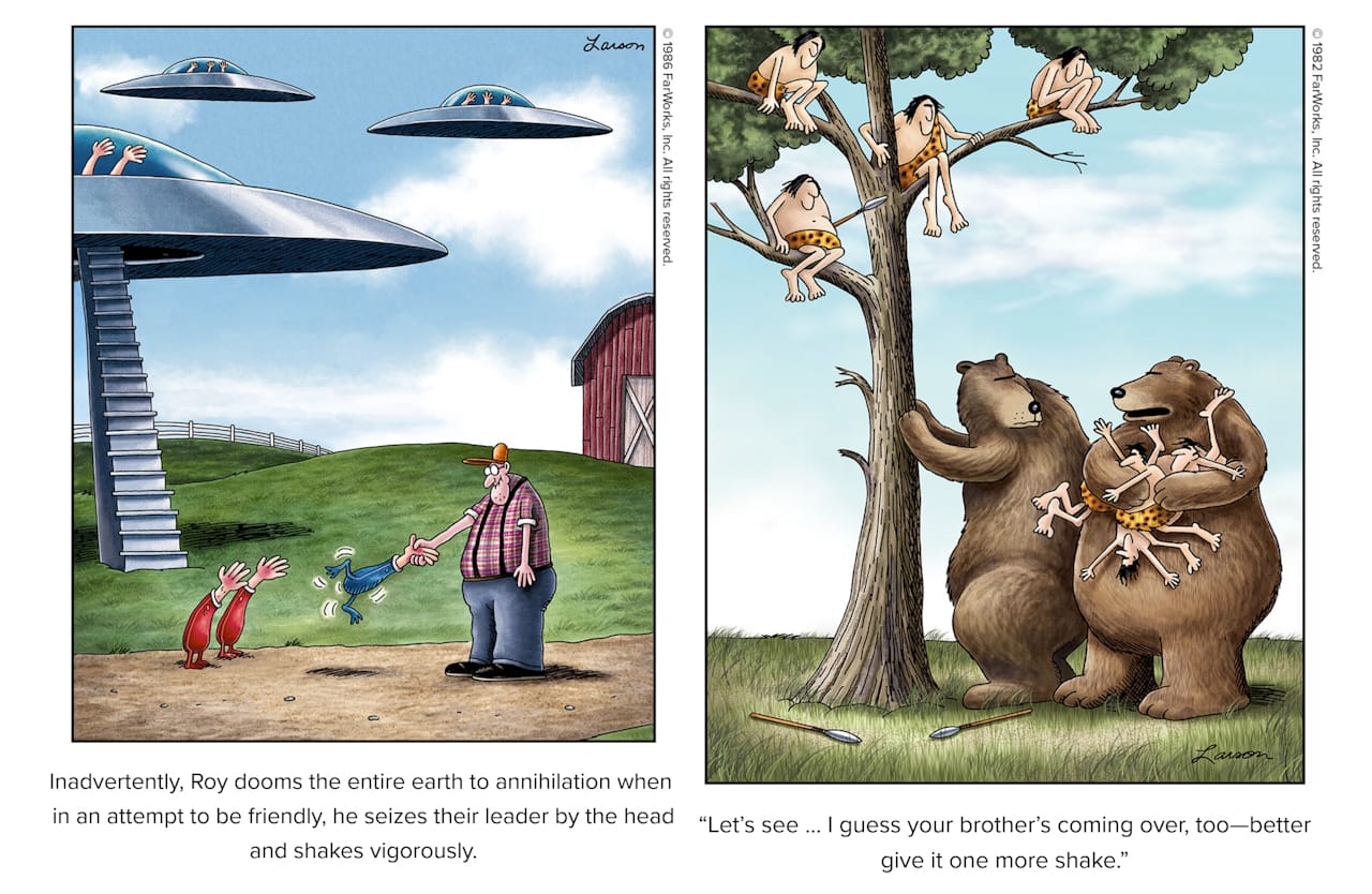 Friday Funnies Volume 6 The Far Side. Two bears shaking a tree with cavemen in it to collect food for a dinner party.